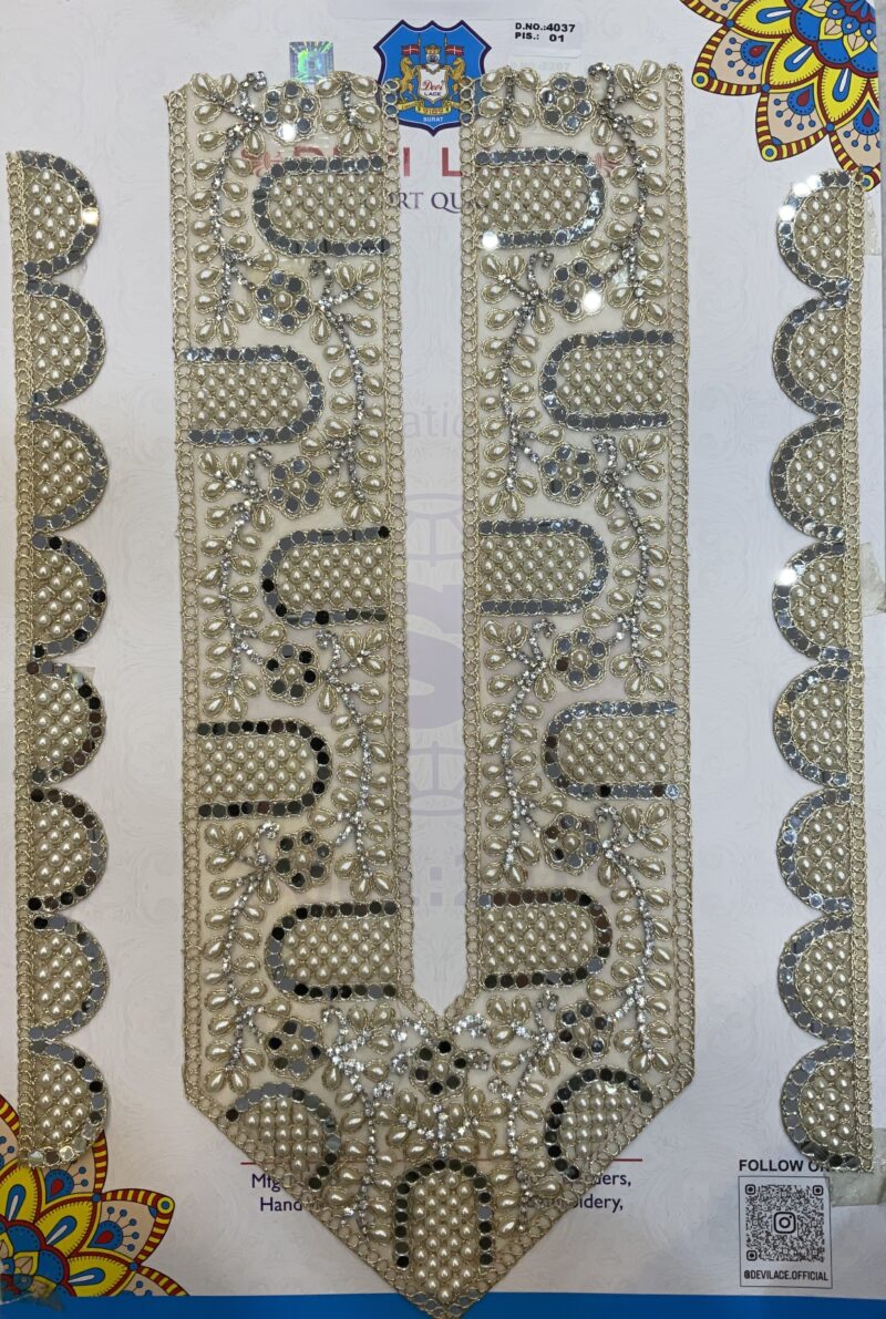 Heavy Thread Mirror & Beads Work Embroidery Neck With Sleve by Devi Lace–Ideal for Ethnic Dresses (1 Pcs)