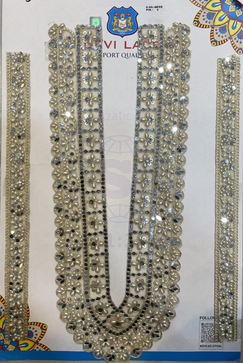 Devi Lace Boutique Style Thread Mirror & Beads Work Embroidery Neck With Sleve – Fancy Kurtis & Dress (1 Pcs)